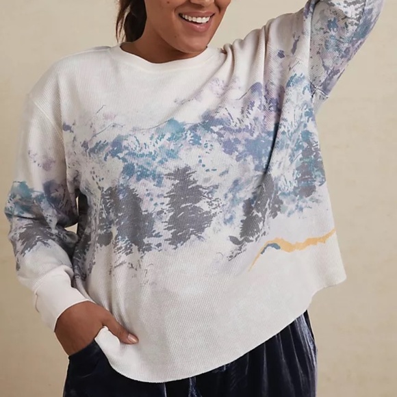 Anthropologie Snow Day Ivory Print Waffle Knit Cropped Long Sleeve Top Sz 1X - Picture 1 of 1